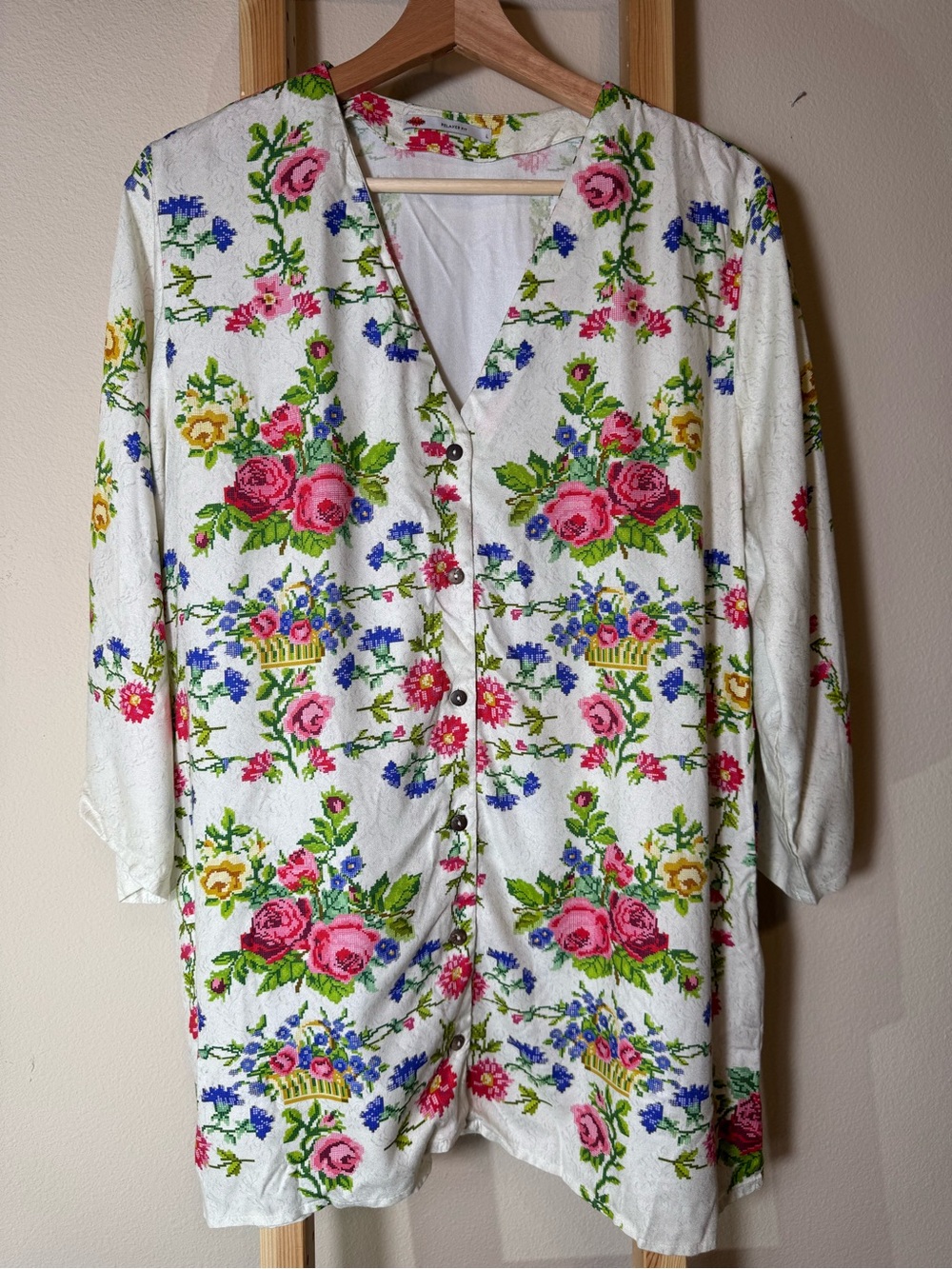 White Floral Button-Front Trench Coatigan